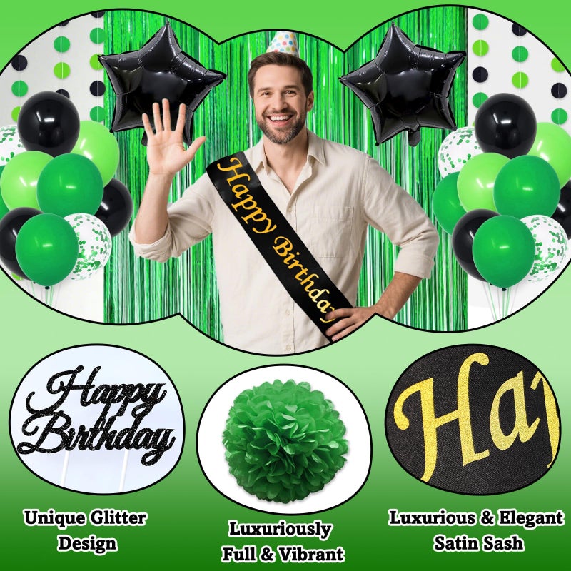 FINDRICH Green Birthday Decorations , 50PCS Happy Birthday Decorations for Men with Banner Balloons Sash Foil Fringe Curtain Paper Pompoms, Green and Black Party Decorations Party Supplies for Mens Boys Kids - Image 5