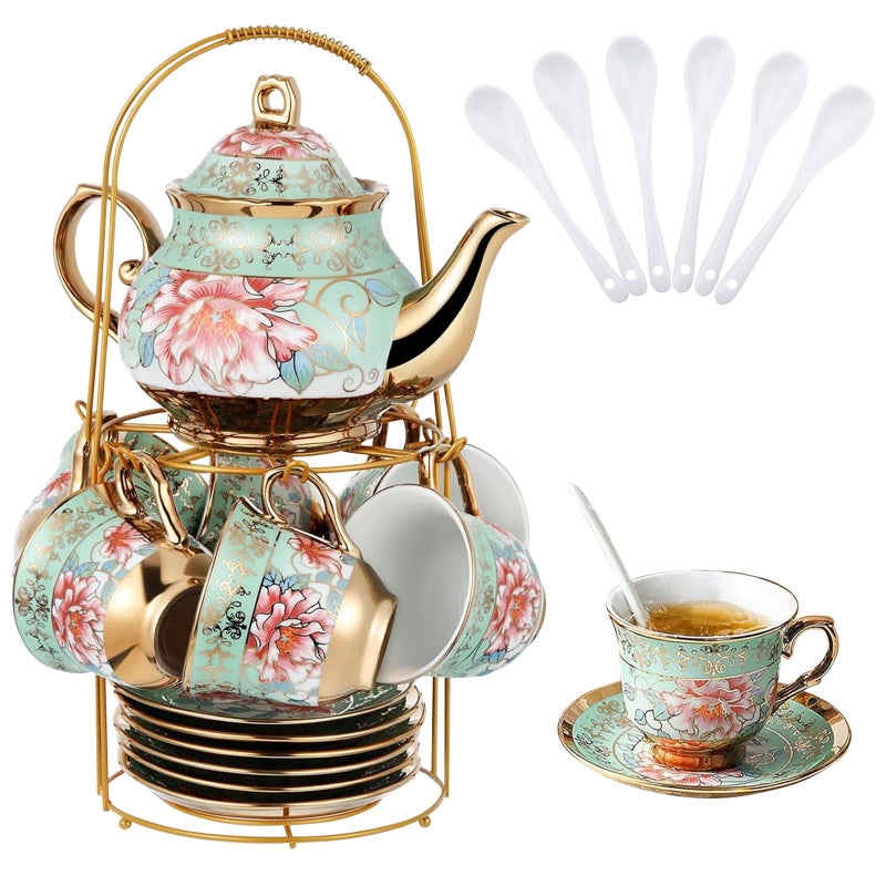20 Pcs Porcelain Tea Set with Metal Holder Adult Tea Set Gift European Ceramic Tea Set for Adults Flower Tea Cup Saucer Set for Party With Gold Flower Painting Fresh Green