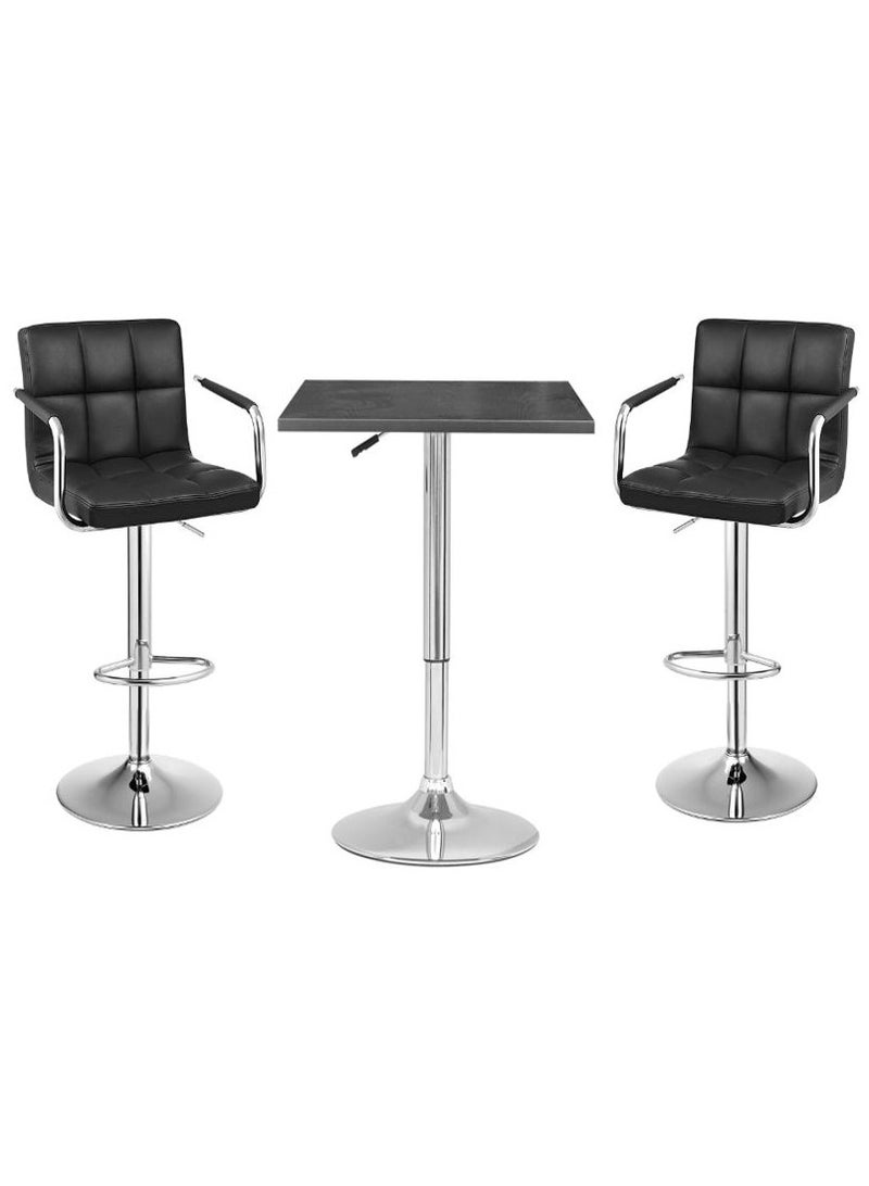 AL WADI FURNITURE AWF AL WADI FURNITURE 3-Piece Adjustable Square MDF Wood BarTable Set with 2 Bar Stools for Pub Counter Kitchen Home PU Leather BarChairs with Arms Footrest 360°Swivel Perfect for Small Space, Black - Image 1