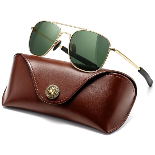 SUNGAIT Mens Military Style Polarized Pilot Aviator Sunglasses Bayonet Temples GoldGreen Spring Hinge - Image 1