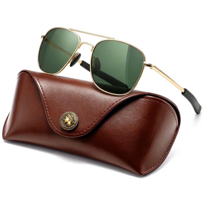SUNGAIT Mens Military Style Polarized Pilot Aviator Sunglasses Bayonet Temples GoldGreen Spring Hinge - Image 2
