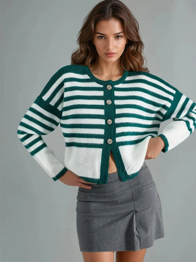 MY FASHION Striped Knit Cardigan with Button Closure