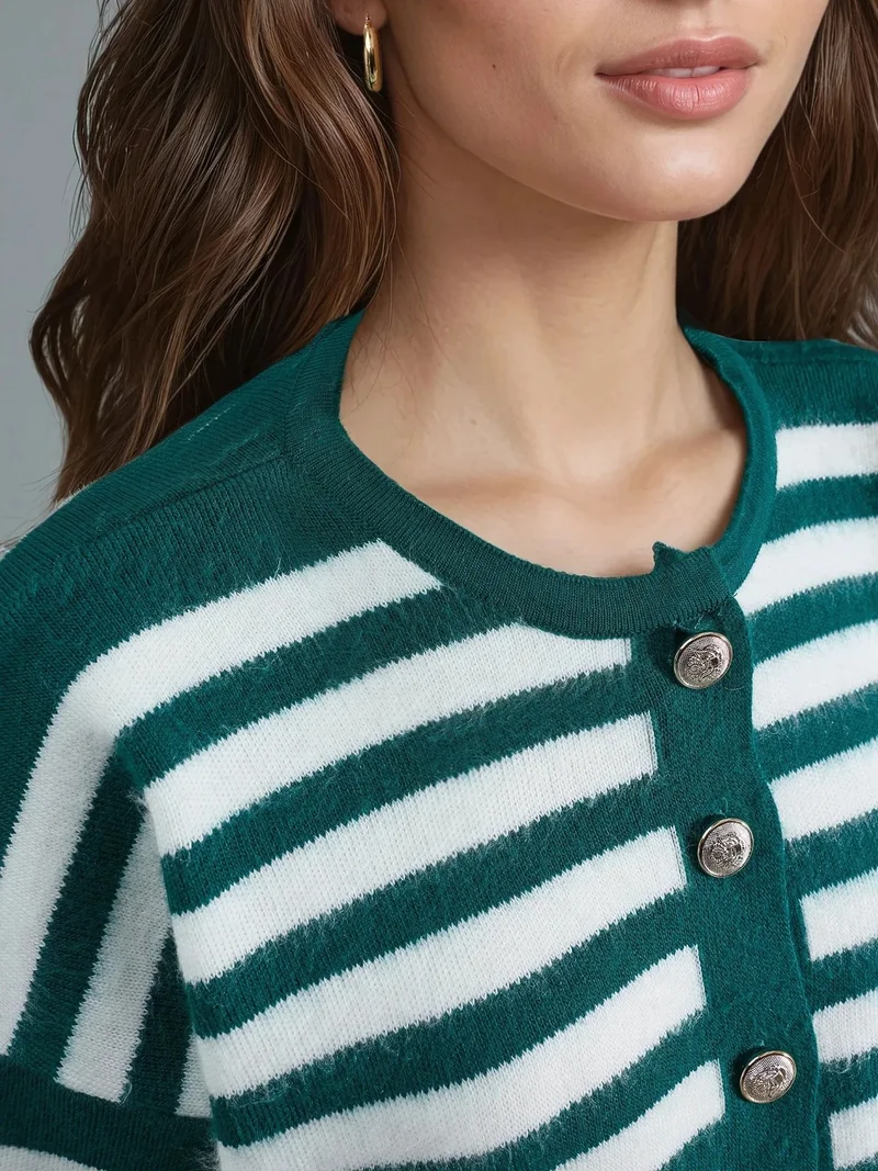 MY FASHION Sacramento Green MY FASHION Striped Knit Cardigan with Button Closure for Women | Best Price UAE