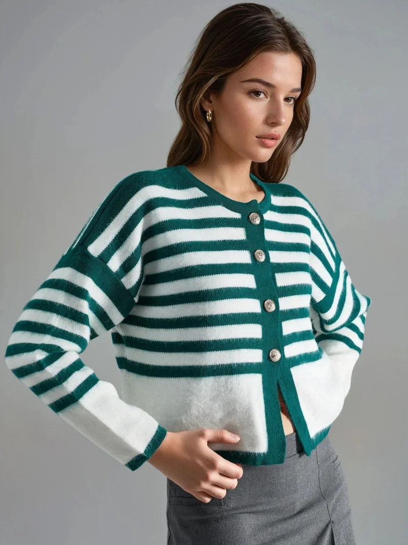 MY FASHION Sacramento Green MY FASHION Striped Knit Cardigan with Button Closure for Women | Best Price UAE