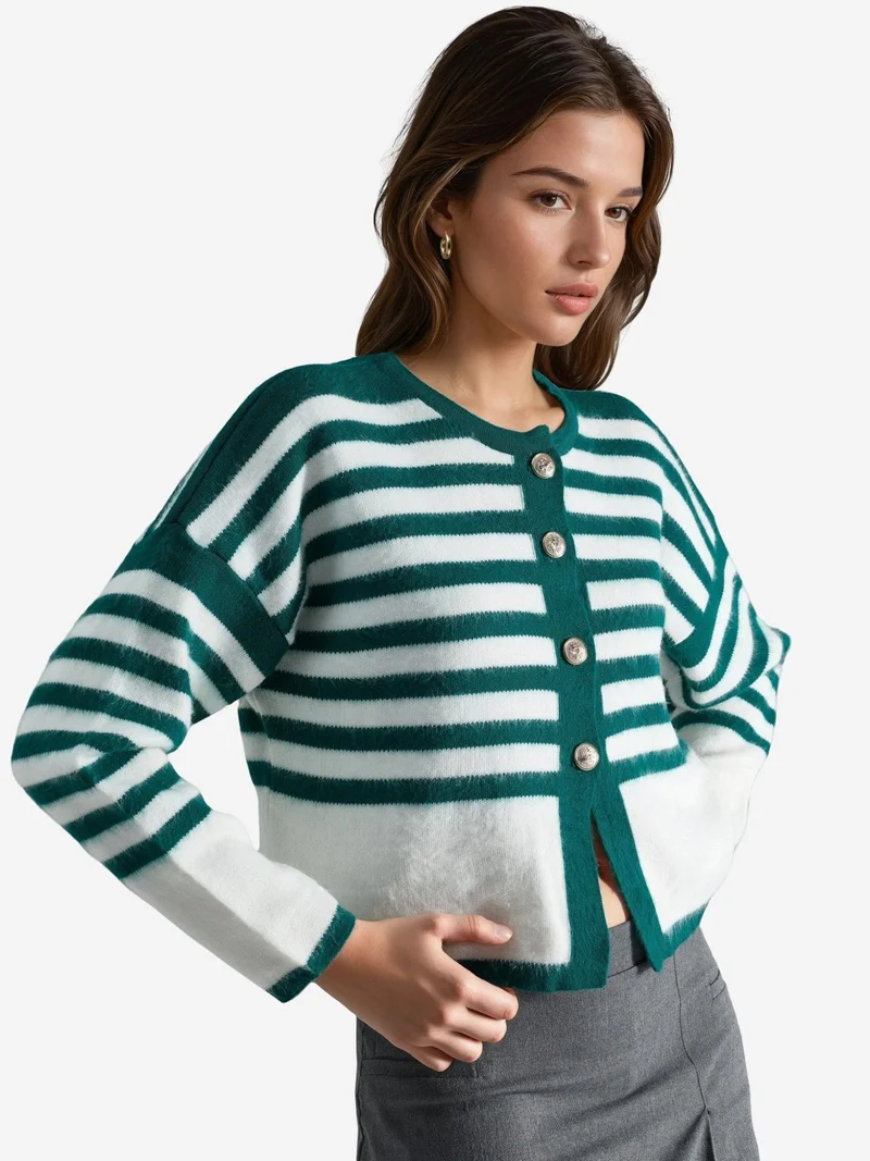 My Fashion Sacramento Green MY FASHION Striped Knit Cardigan with Button Closure for Women | Best Price UAE