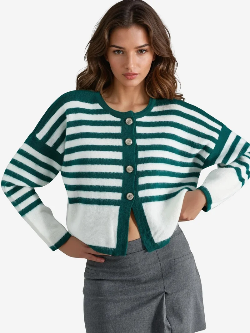 MY FASHION Striped Knit Cardigan with Button Closure