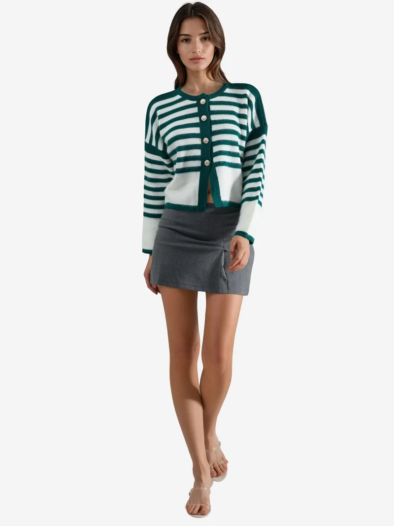 My Fashion Sacramento Green MY FASHION Striped Knit Cardigan with Button Closure for Women | Best Price UAE