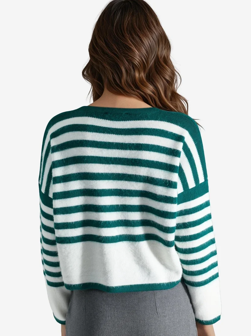 My Fashion Sacramento Green MY FASHION Striped Knit Cardigan with Button Closure for Women | Best Price UAE