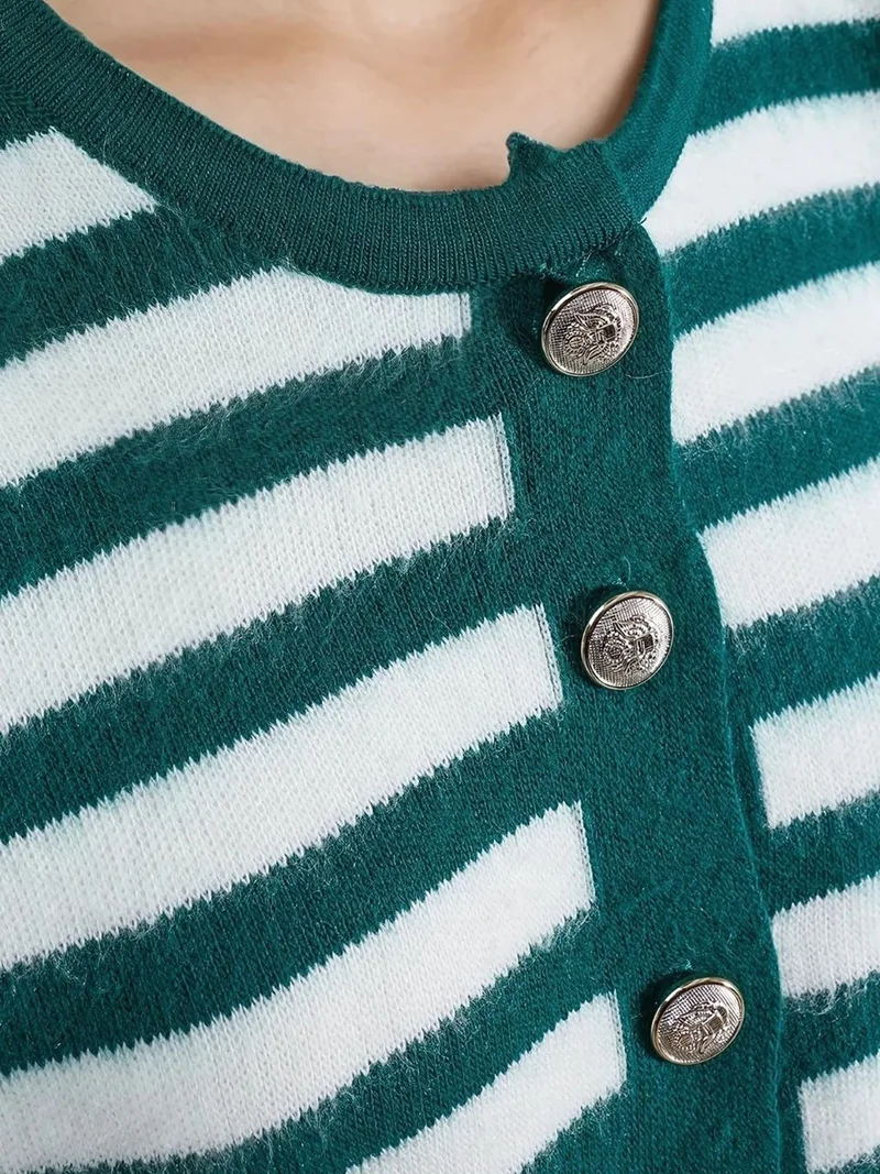 My Fashion Sacramento Green MY FASHION Striped Knit Cardigan with Button Closure for Women | Best Price UAE