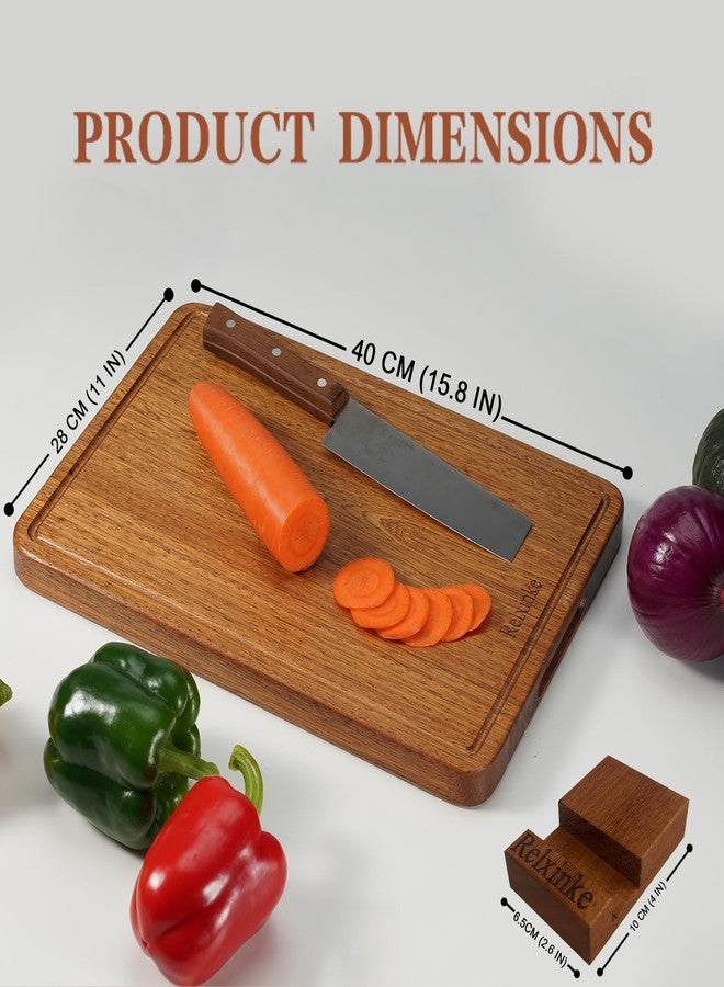 Relxinke Solid Teak Wood Cutting Board One Piece Non Glued Large Thick Crack Resistant Wooden Chopping Board with DeepJuice Grooves Built in Handles for Kitchen Meat Vegetables Chese 15.8 X 11 Inch - Image 2