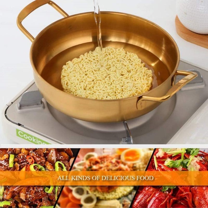 PIPULSE Golden Round Stainless Steel pan with Two Hands Induction Pot Korean Ramen Noodle Pot Cooking Pan Frying Pan Wok Pan for Brass Kadai Home KitchenMulti Purpose 1 litres - Image 3
