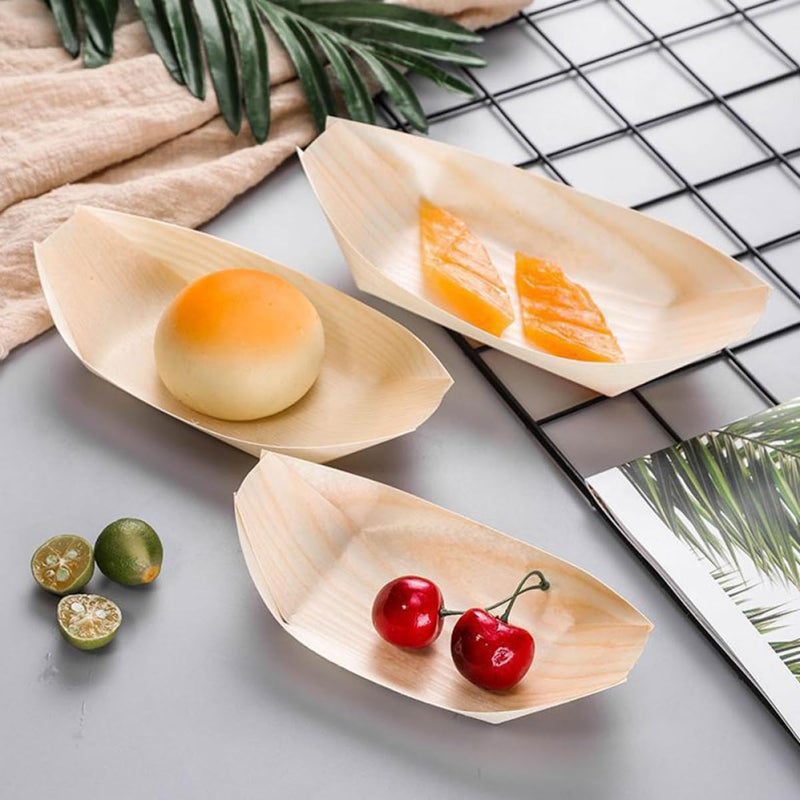 Disposable Wooden Boat Plates 100 Pcs 6cm X 5cm Sushi Snack Serving Tray For Party Catering - Image 5
