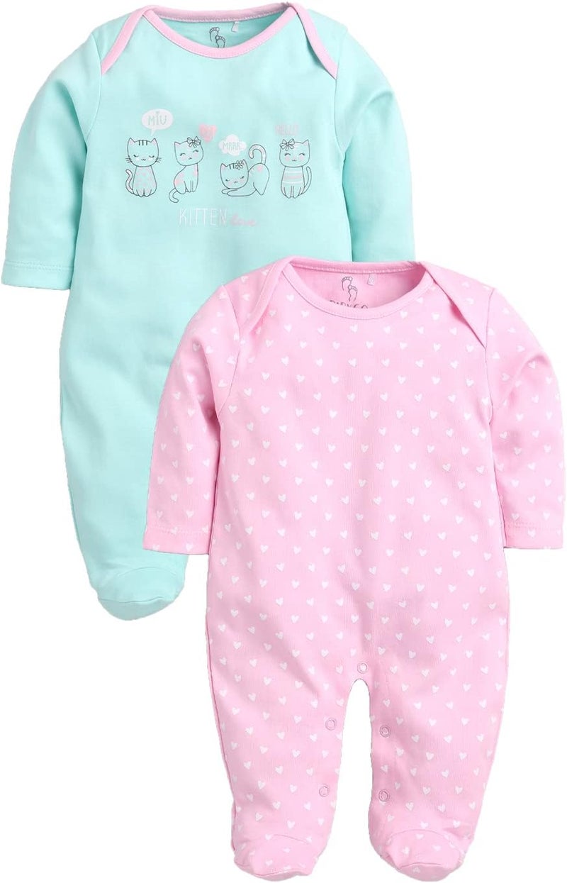 Baby Go 100% Cotton Rompers for Newborns - Pack of 2 (Pink & Mint) - Image 1