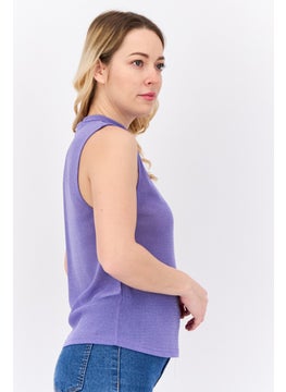 MANGO Women Mock Neck Sleeveless Plain Tank Top, Purple  - Image 2