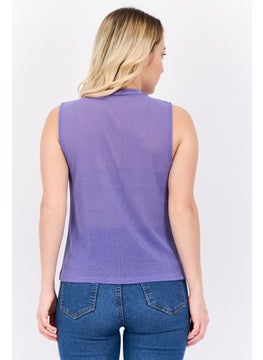 MANGO Women Mock Neck Sleeveless Plain Tank Top, Purple  - Image 3
