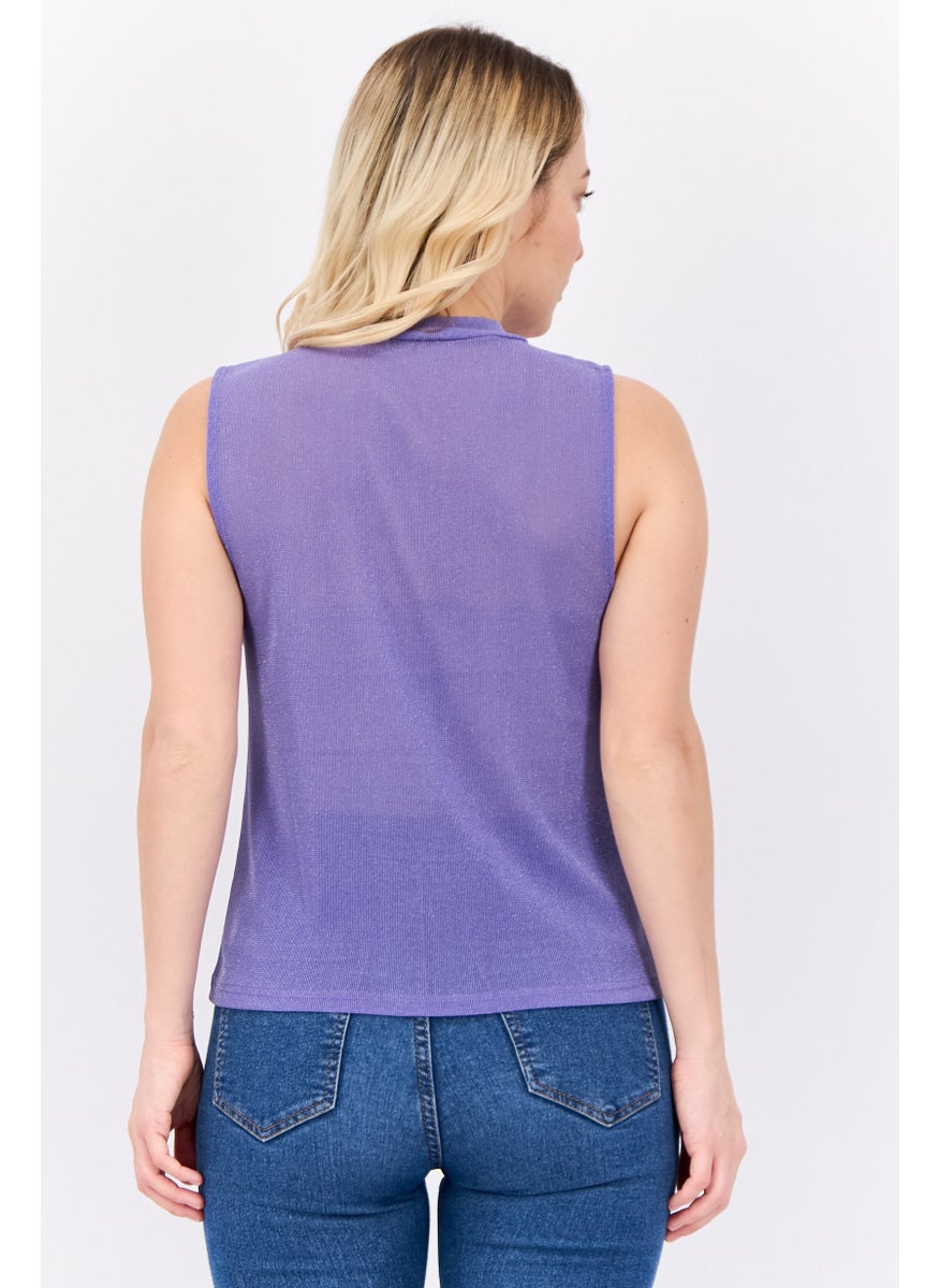 MANGO Women Mock Neck Sleeveless Plain Tank Top, Purple  - Image 3