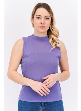 MANGO Women Mock Neck Sleeveless Plain Tank Top, Purple  - Image 1