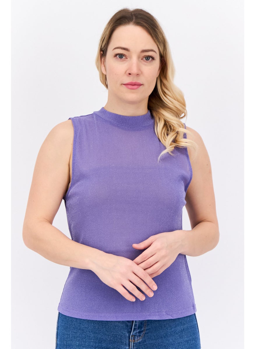 MANGO Women Mock Neck Sleeveless Plain Tank Top, Purple  - Image 1