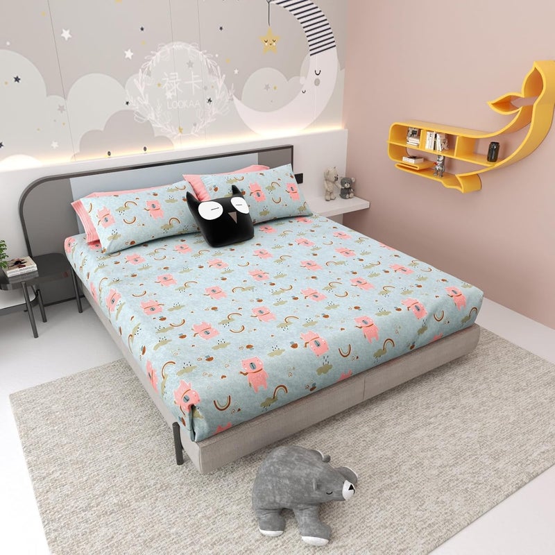 Luxe Layers Pure Cotton Kids King Size Double Bedsheet with Two Pillow Covers 100 X 108 Inches 100 Pure Cotton 300 TC Soft Hypoallergenic Bed Sheet Kitten Print  - Image 1
