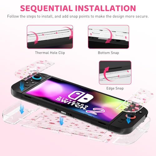 GLDRAM Cute Case for Nintendo Switch 2 (2025), Clear Glitter Sakura PC Protective Case + Split PC Joycon Cover, Hardshell Shock & Scratch Skin Protector Accessories for Girls - Cherry Blossom - Image 3