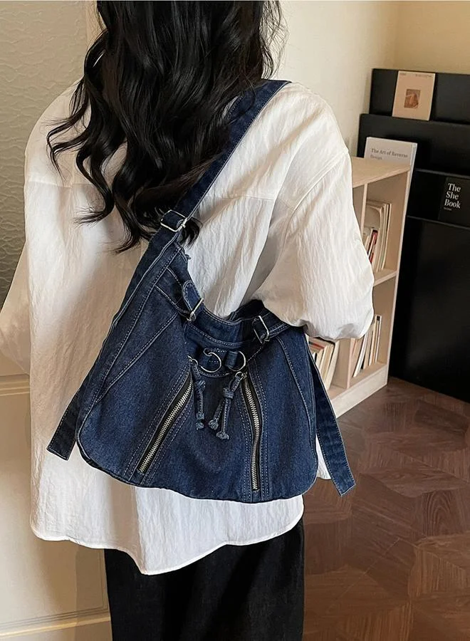 Take Two Dark Blue Denim Shoulder Bag With Zip Detail