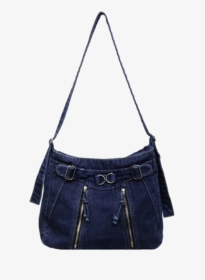 Take Two Dark Blue Denim Shoulder Bag With Zip Detail