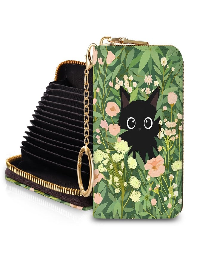 Blusabaca Women's Black Cat Floral RFID Wallet, Waterproof, Leather, 12 Card Slots, 2 Pockets for Coins, 2.5 in x 3.5 in - Image 1