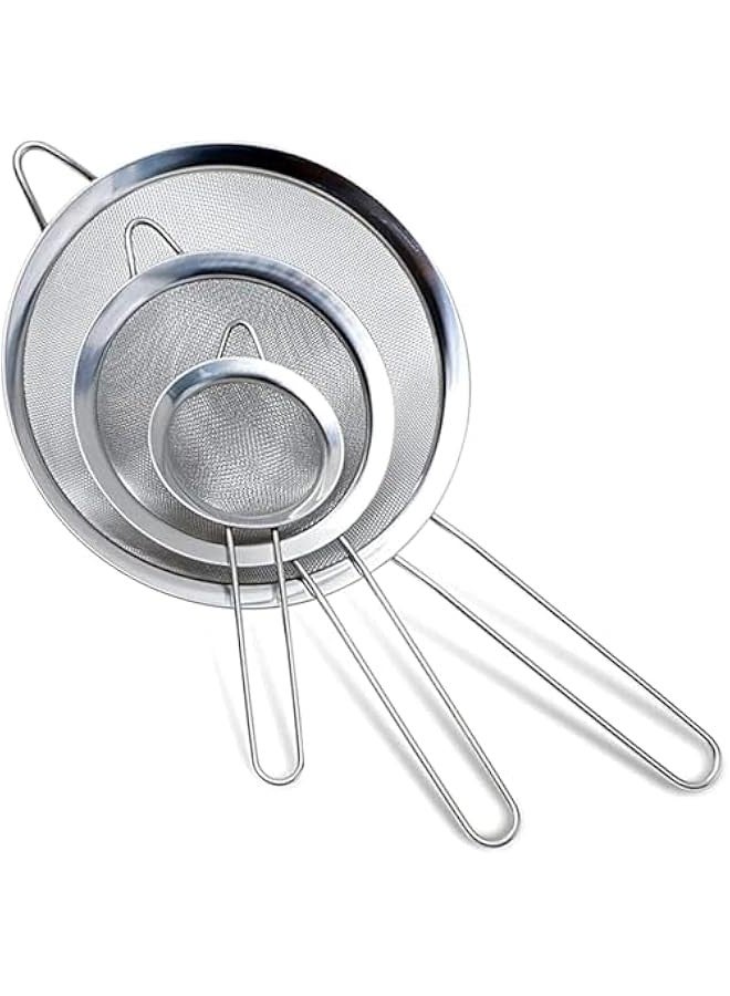 بيوينتي سكاي-تاتش مجموعة مصفاة شبكية دقيقة من الستانلس ستيل بمقبض من 3 قطع - 3 مقاسات (20 سم، 14 سم، 12 سم) للمطبخ والطعام والشاي والقهوة والعصير والكينوا والارز والدقيق والخبز والطبخ - متينة - Image 1