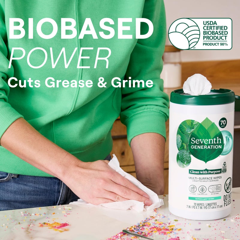 Seventh Generation Multi Purpose Wipes All Purpose Cleaning Garden Mint scent with 100% Essential Oils and Botanical Ingredients 70 count, Pack of 3 - Image 2