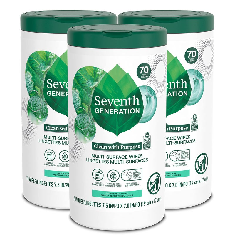 Seventh Generation Multi Purpose Wipes All Purpose Cleaning Garden Mint scent with 100% Essential Oils and Botanical Ingredients 70 count, Pack of 3 - Image 1