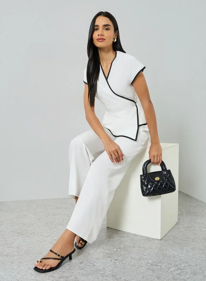 Take Two White Contrast Trim V-Neck Top with Pants Co-Ords