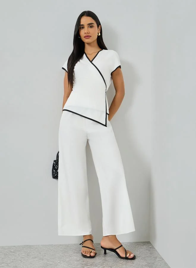 Take Two White Contrast Trim V-Neck Top with Pants Co-Ords
