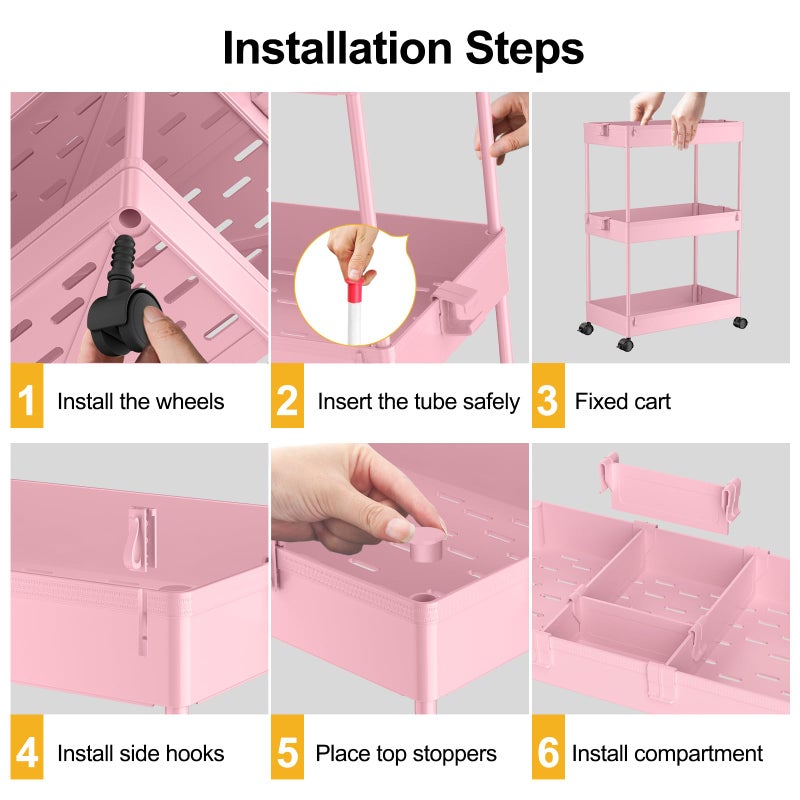 SPACELEAD 3 Tier Rolling Cart with Wheels, Storage Craft Art Trolley Organizer Serving, 3 Hanging Baskets Easy Assembly, for Office, Living Room, Kitchen, Pink - Image 2