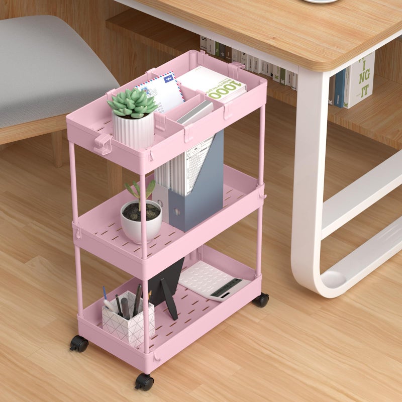 SPACELEAD 3 Tier Rolling Cart with Wheels, Storage Craft Art Trolley Organizer Serving, 3 Hanging Baskets Easy Assembly, for Office, Living Room, Kitchen, Pink - Image 5