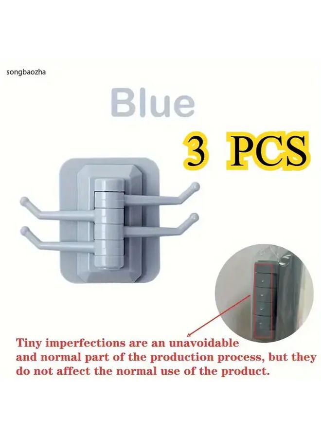 3 Pack Blue Adhesive Rotating Hooks Multi Functional Towel Rack Wall Mounted For Bathroom Kitchen - Image 1