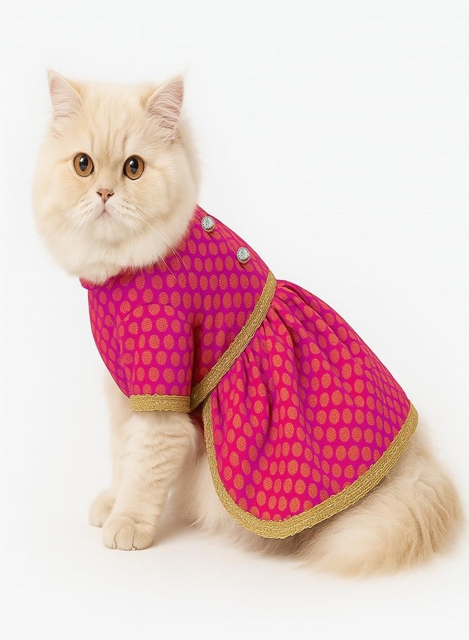 PawsIndia Traditional Royal Brocade Dress for Cats - Indian Ethnic Pet Outfit for Weddings & Festivals - Pink Designer Cat Clothes - Comfortable Cat Dress for Small to Large Breeds - Image 1