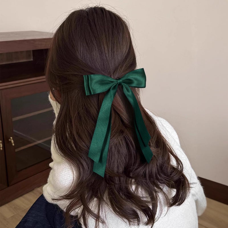 Miroksh 5.5in Hair Clips for Women Dark Green Tassel Ribbon Bow-knot Hairpins with Long Tail,Solid Satin Polyester Alligator Barrettes Claw Clips for Girls Stylish Hair Accessories - Image 5