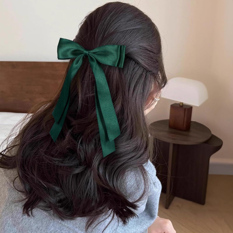 Miroksh 5.5in Hair Clips for Women Dark Green Tassel Ribbon Bow-knot Hairpins with Long Tail,Solid Satin Polyester Alligator Barrettes Claw Clips for Girls Stylish Hair Accessories - Image 4