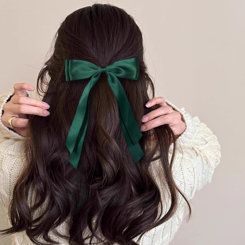 Miroksh 5.5in Hair Clips for Women Dark Green Tassel Ribbon Bow-knot Hairpins with Long Tail,Solid Satin Polyester Alligator Barrettes Claw Clips for Girls Stylish Hair Accessories - Image 3