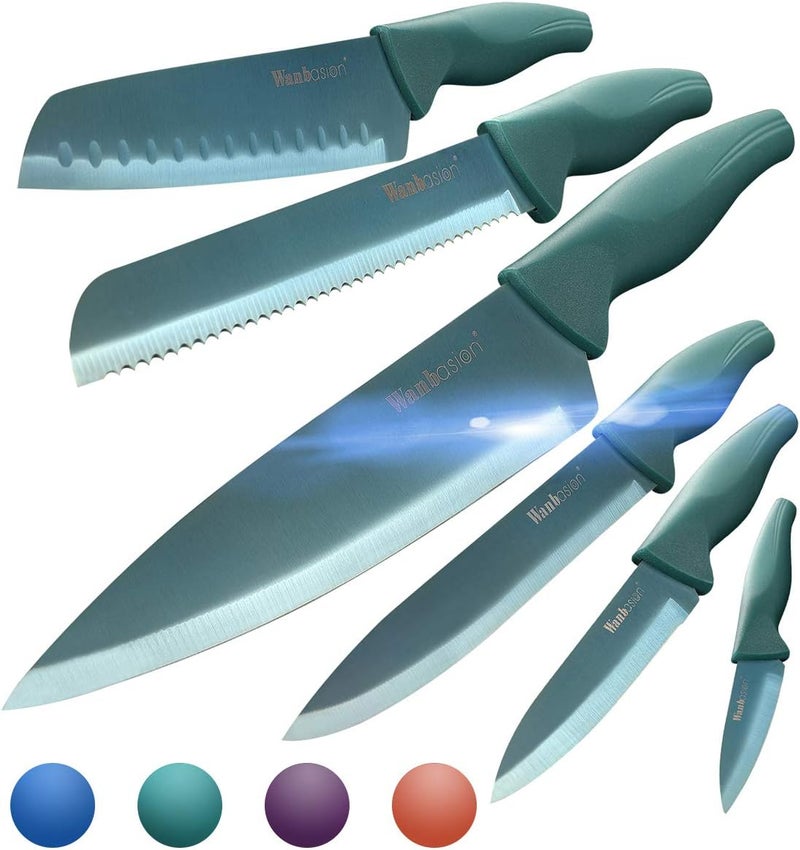 Wanbasion Green Professional Kitchen Knife Set, Stainless Steel, Dishwasher Safe with Sheathes - Image 1