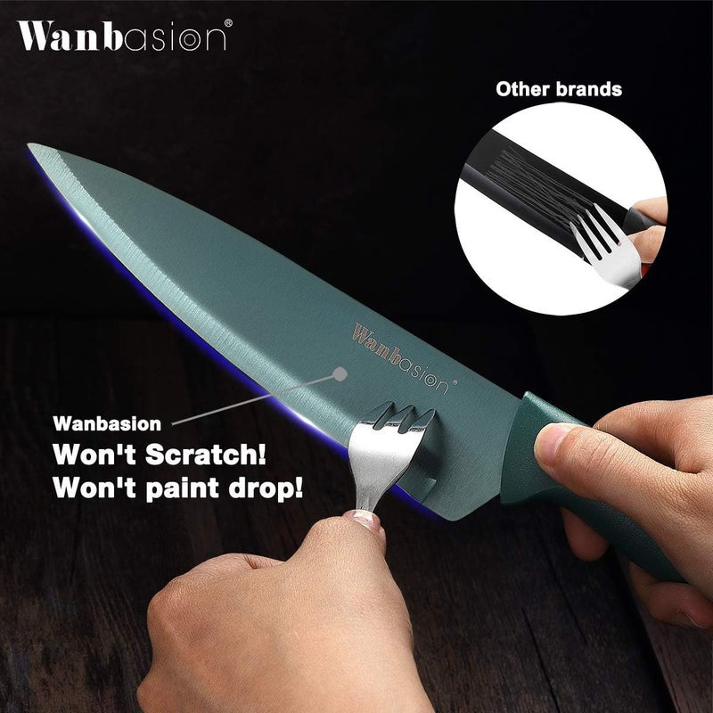 Wanbasion Green Professional Kitchen Knife Set, Stainless Steel, Dishwasher Safe with Sheathes - Image 2