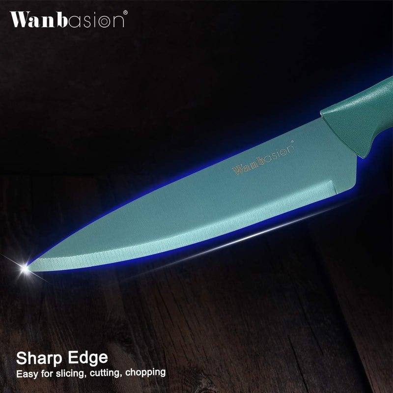 Wanbasion Green Professional Kitchen Knife Set, Stainless Steel, Dishwasher Safe with Sheathes - Image 3