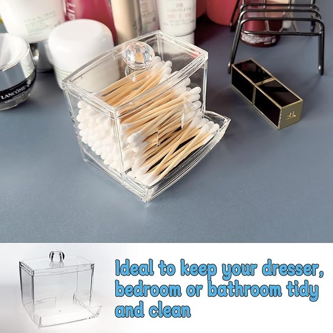 GLOWICK Acrylic Cotton Swab Dispenser,Clear Cotton Ball Holder Cotton/Earbud Holder Storage Box, Cosmetics Makeup Storage Holder Box For Women Organizer Container With Lid (1PCS) - Image 5