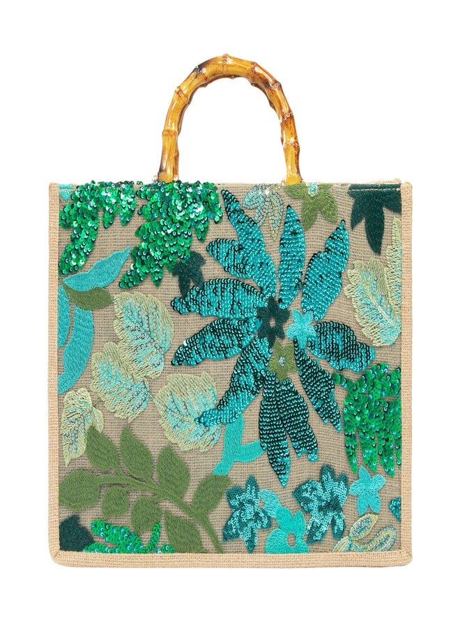 Abvokury Bamboo Handle Sequin Embroidered Floral Tote Bag Evening Handbag for Wedding Party (Green) - Image 1