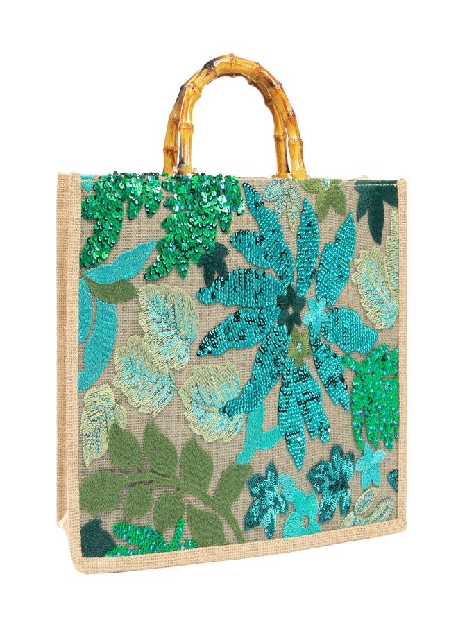 Abvokury Bamboo Handle Sequin Embroidered Floral Tote Bag Evening Handbag for Wedding Party (Green) - Image 3