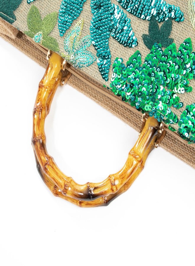 Abvokury Bamboo Handle Sequin Embroidered Floral Tote Bag Evening Handbag for Wedding Party (Green) - Image 5