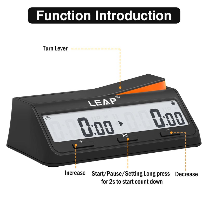 LEAP Chess Clock Digital Chess Timer Advanced for Board Game and Chess Timer with Bonus & Delay Count Down up Alarm Black/Orange - Image 5