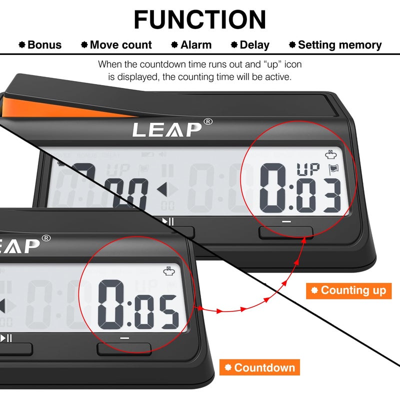 LEAP Chess Clock Digital Chess Timer Advanced for Board Game and Chess Timer with Bonus & Delay Count Down up Alarm Black/Orange - Image 4