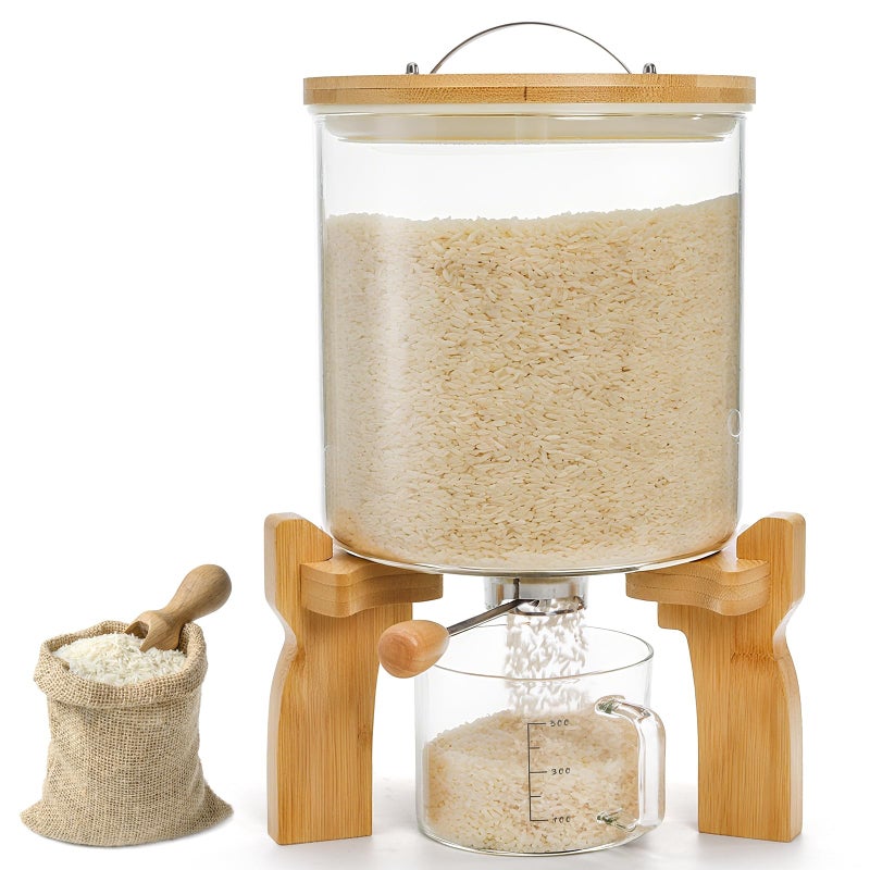 Goaste Glass Rice Dispenser with Bamboo Stand, 5L Flour Cereal Container with Airtight Lid, 8 Lbs Large Grain Food Storage Bucket, Countertop Beans Storage Tank with Measuring Cup & Valve for Dry Food - Image 1