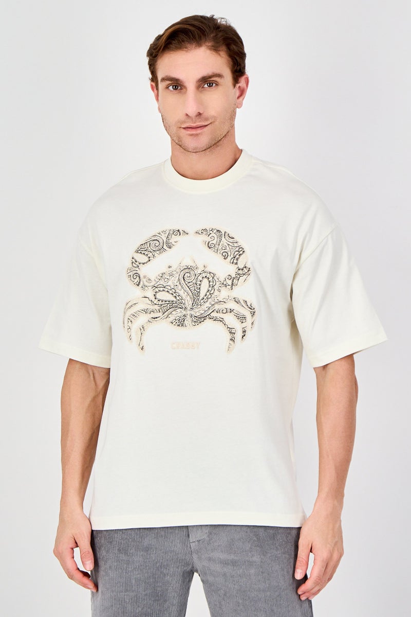 Ketch Men Crew Neck Short Sleeve Embroidered T-Shirt, Off White - Image 1